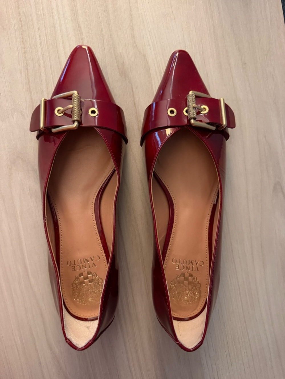 Vince Camuto Burgundy Patent Leather Pointed Toe Flats with Gold Buckle